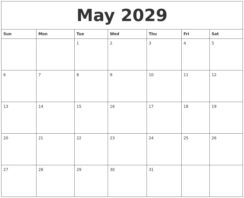 May 2029 Blank Monthly Calendar Template