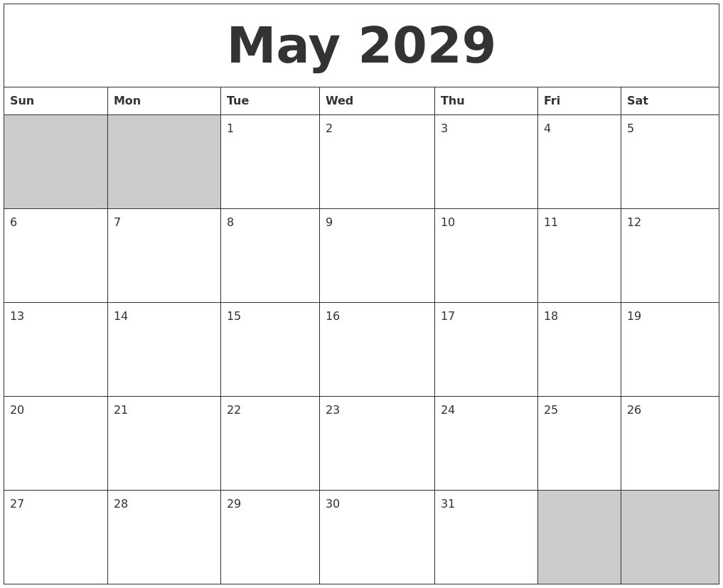 May 2029 Blank Printable Calendar