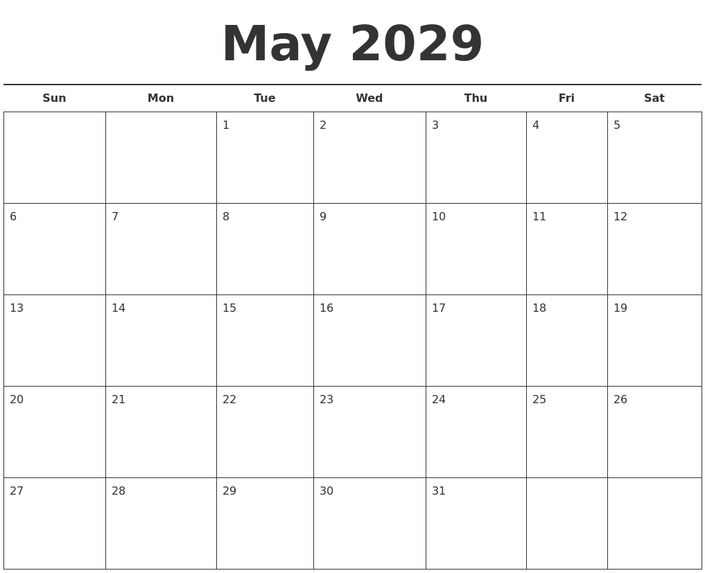 May 2029 Free Calendar Template