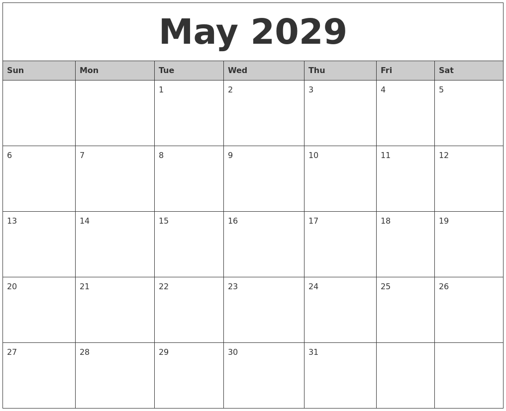 May 2029 Monthly Calendar Printable