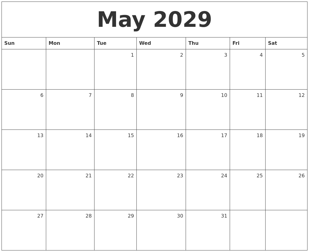 May 2029 Monthly Calendar