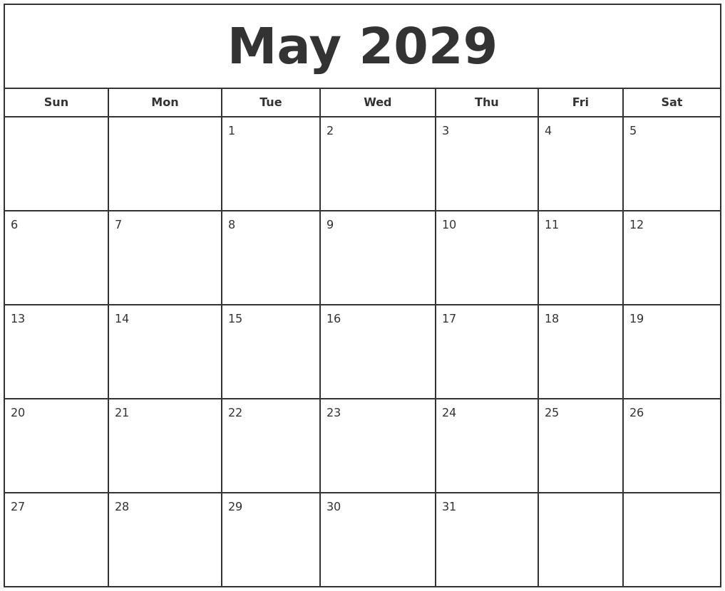 May 2029 Print Free Calendar