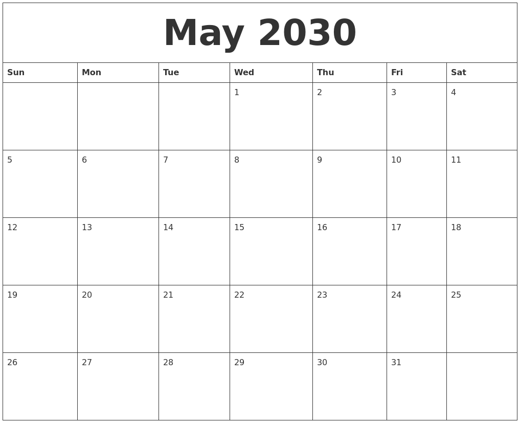 May 2030 Birthday Calendar Template