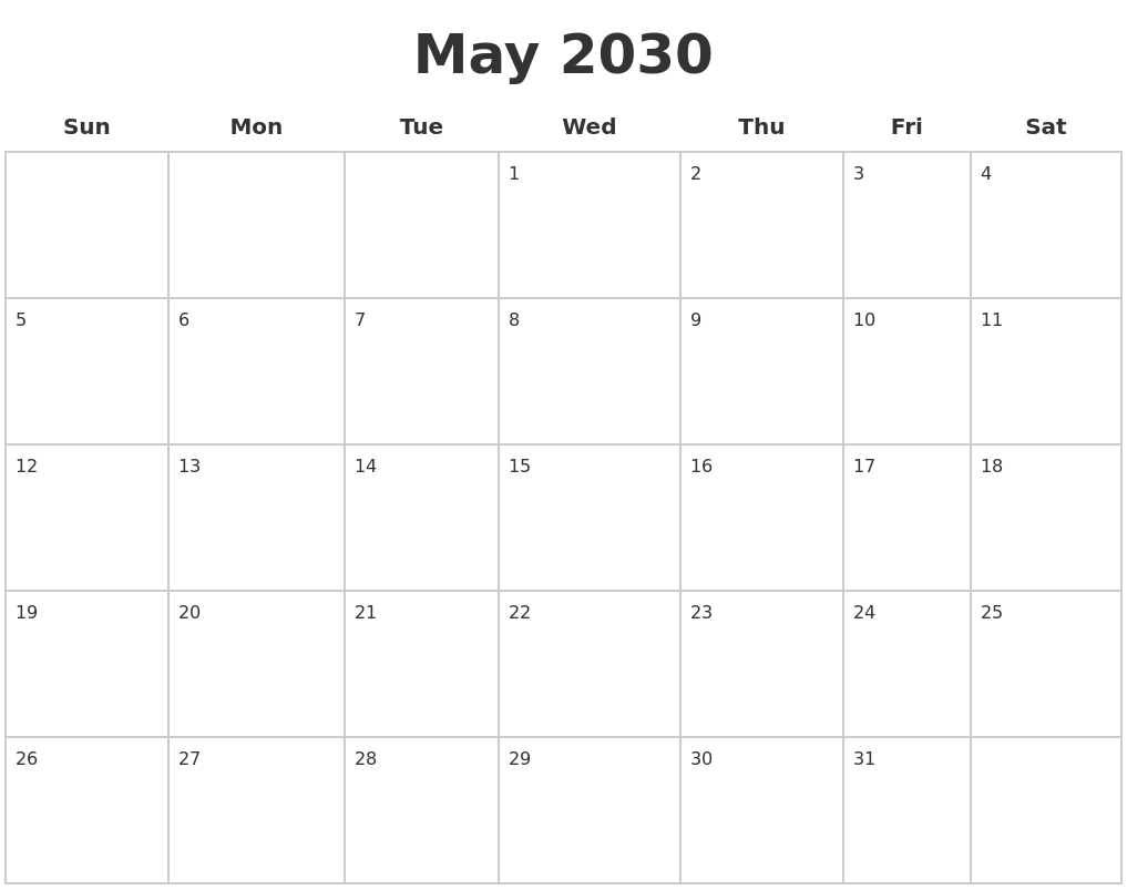 May 2030 Blank Calendar Pages