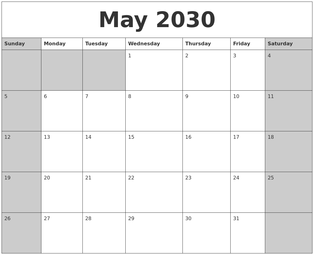 May 2030 Calanders