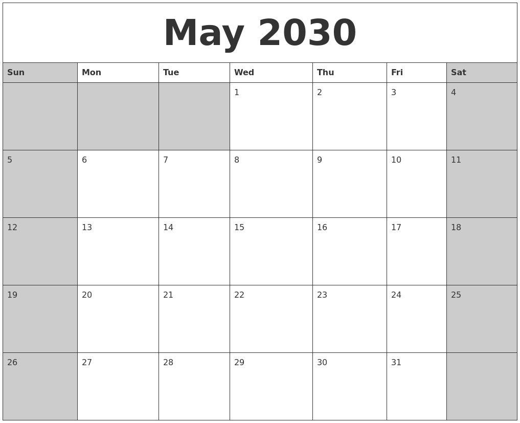 May 2030 Calanders