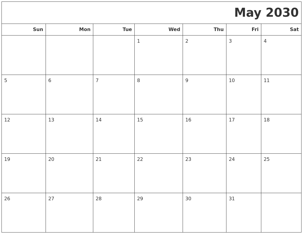 May 2030 Calendars To Print