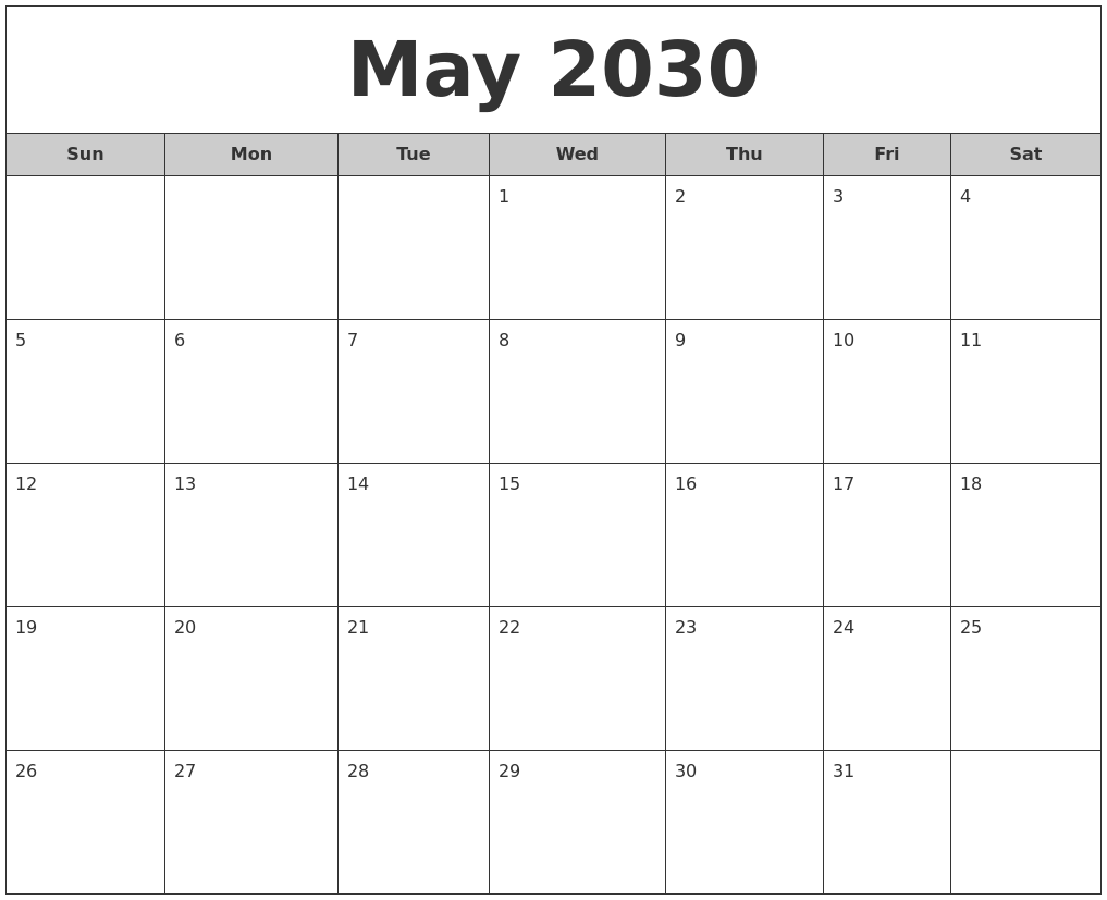 May 2030 Free Monthly Calendar