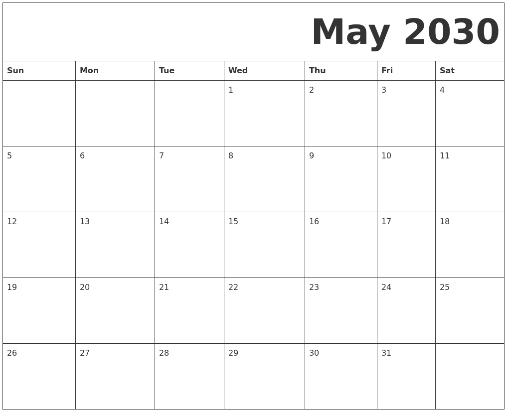 May 2030 Free Printable Calendar