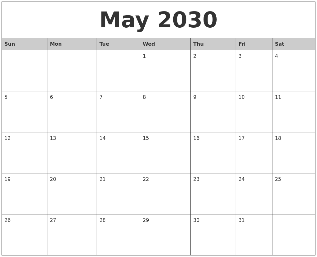 May 2030 Monthly Calendar Printable