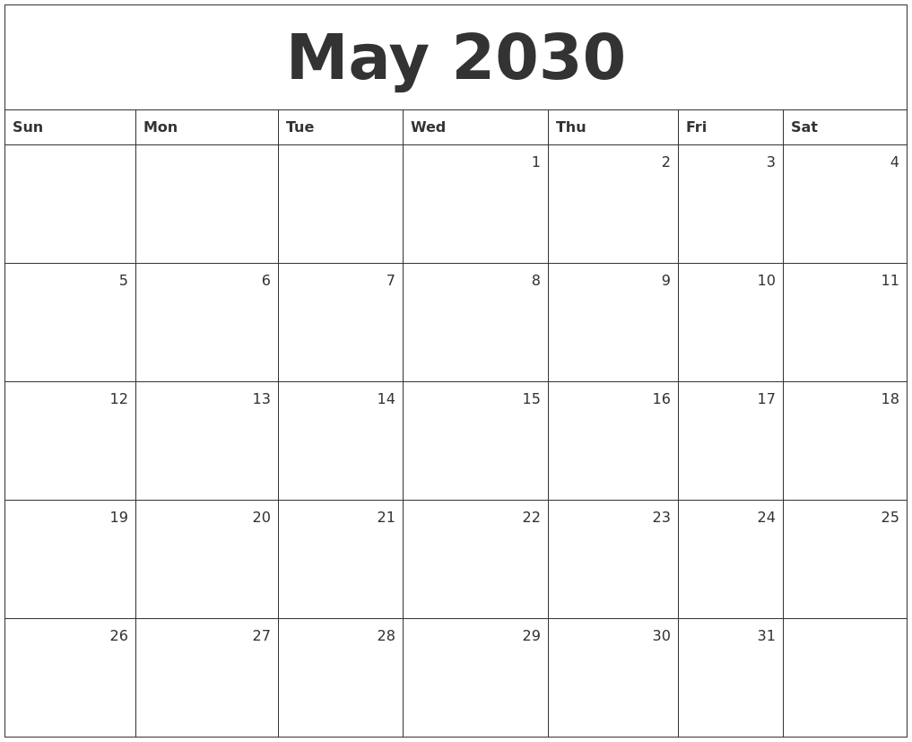 May 2030 Monthly Calendar