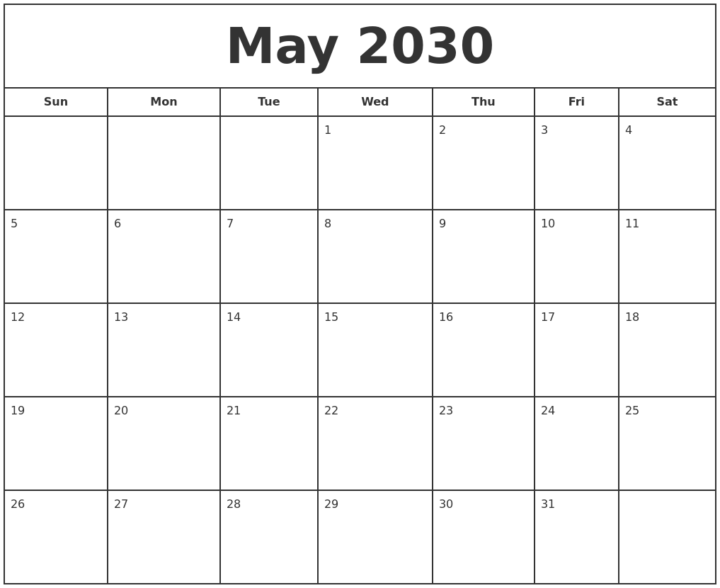 May 2030 Print Free Calendar
