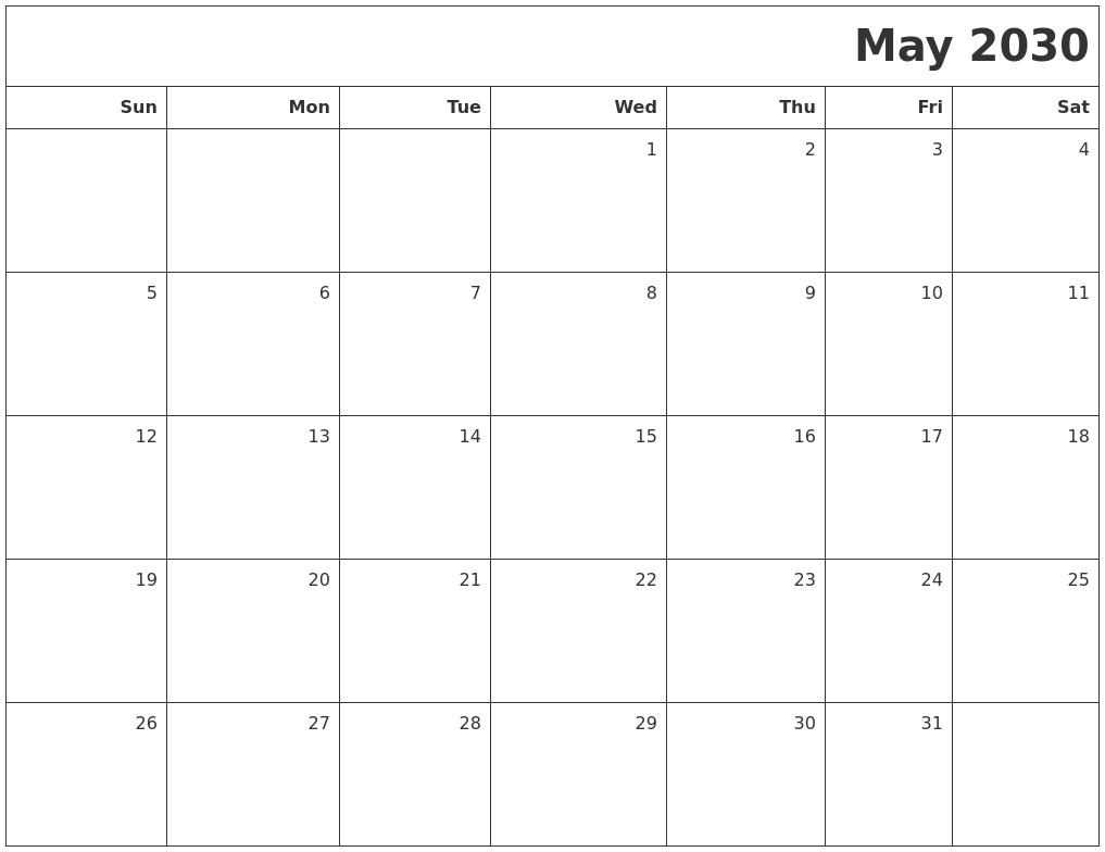 May 2030 Printable Blank Calendar