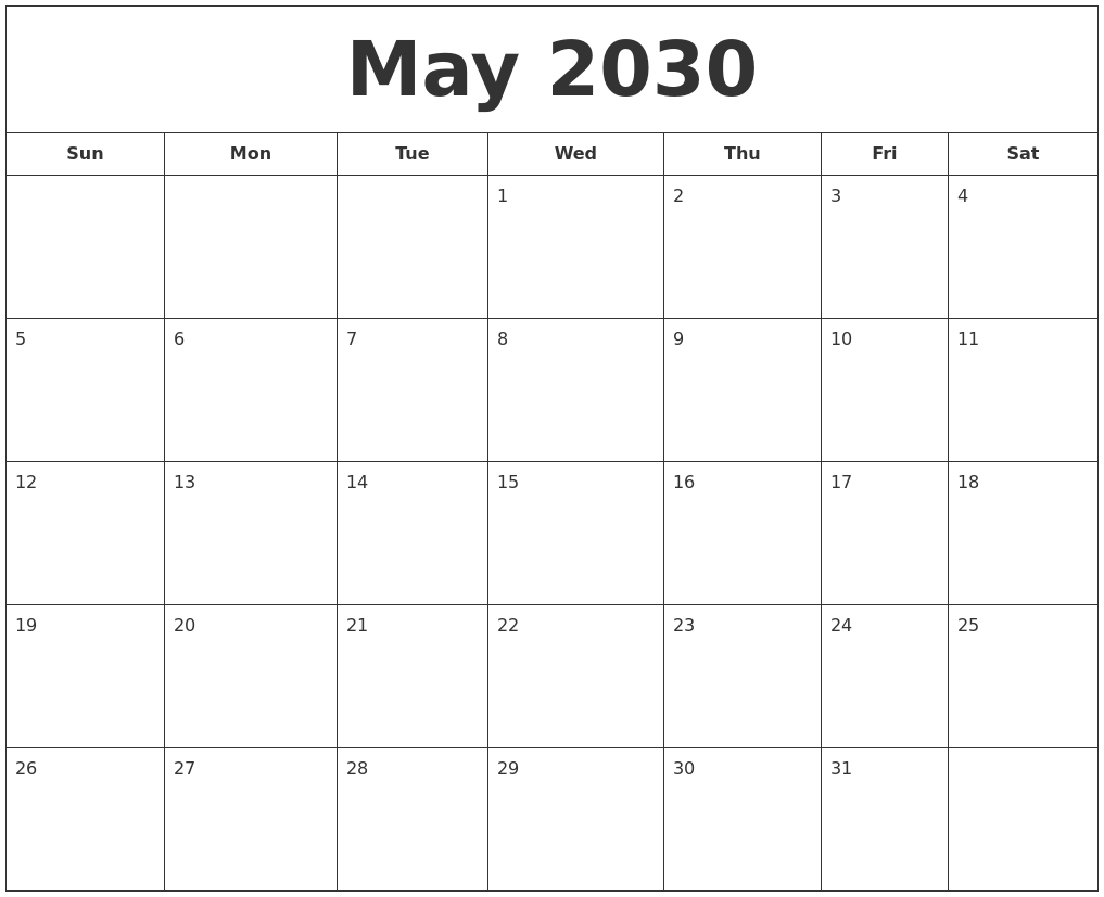 May 2030 Printable Calendar