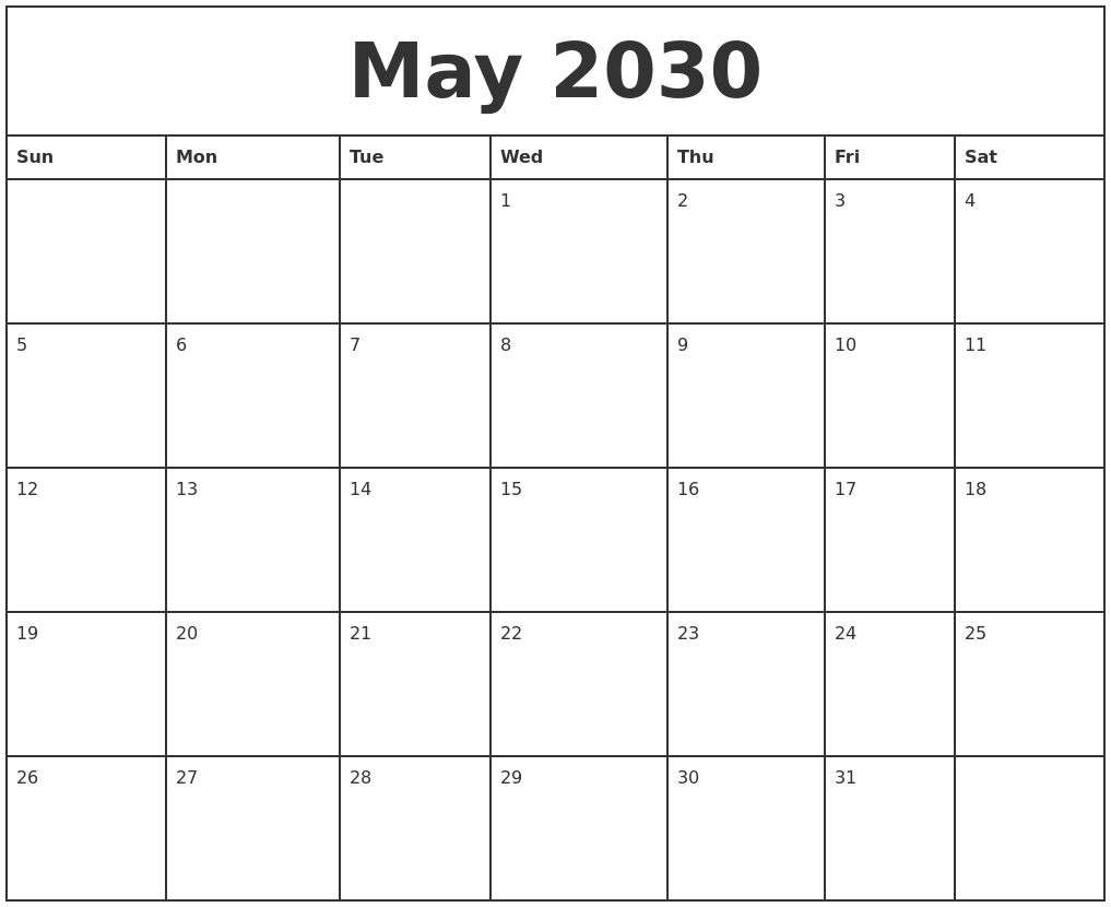 May 2030 Printable Monthly Calendar