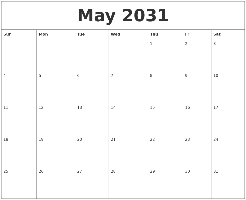 May 2031 Birthday Calendar Template