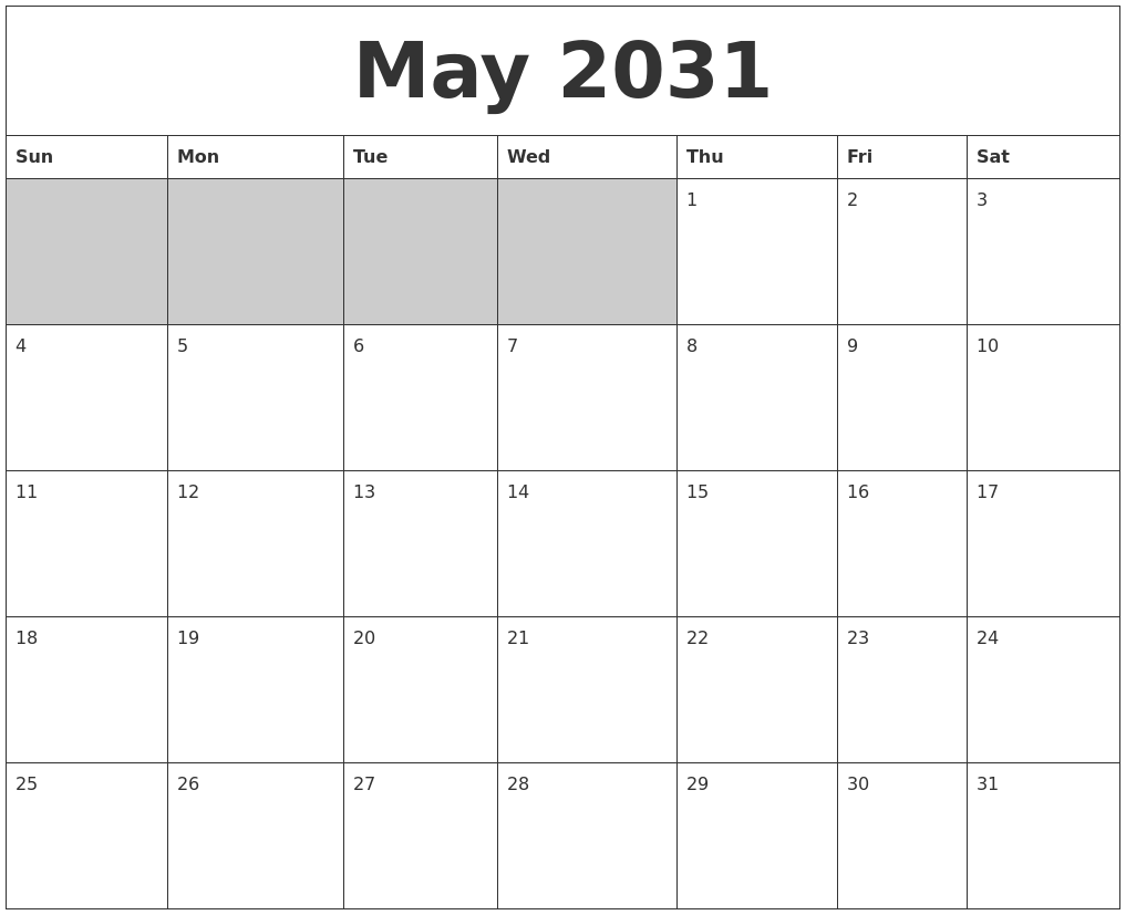 May 2031 Blank Printable Calendar