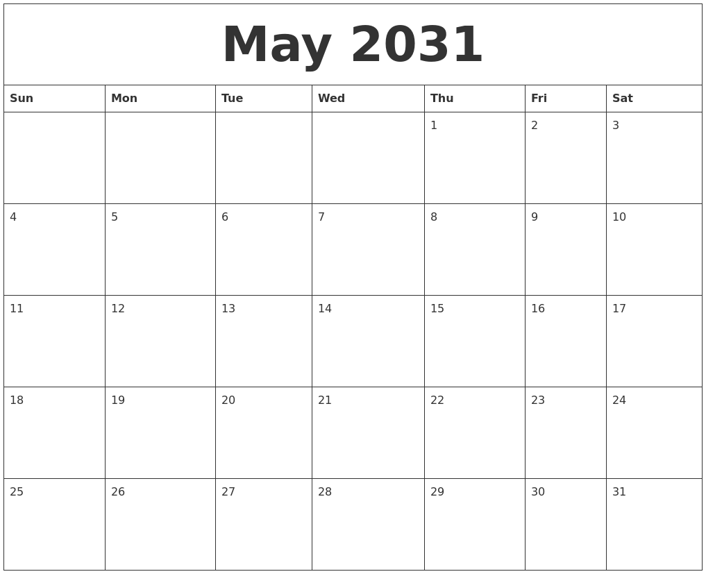 May 2031 Free Calendar Download