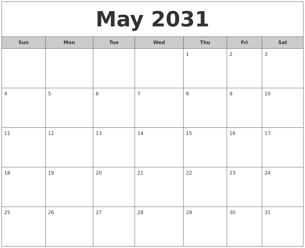 May 2031 Free Monthly Calendar