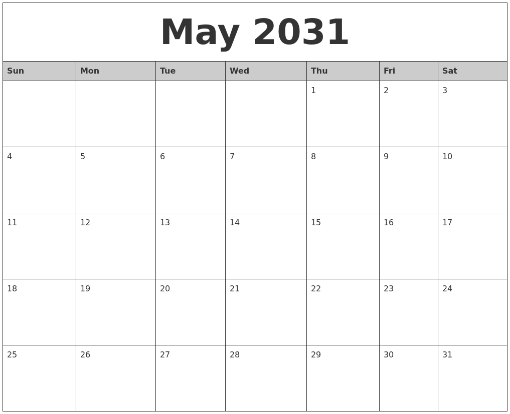 May 2031 Monthly Calendar Printable