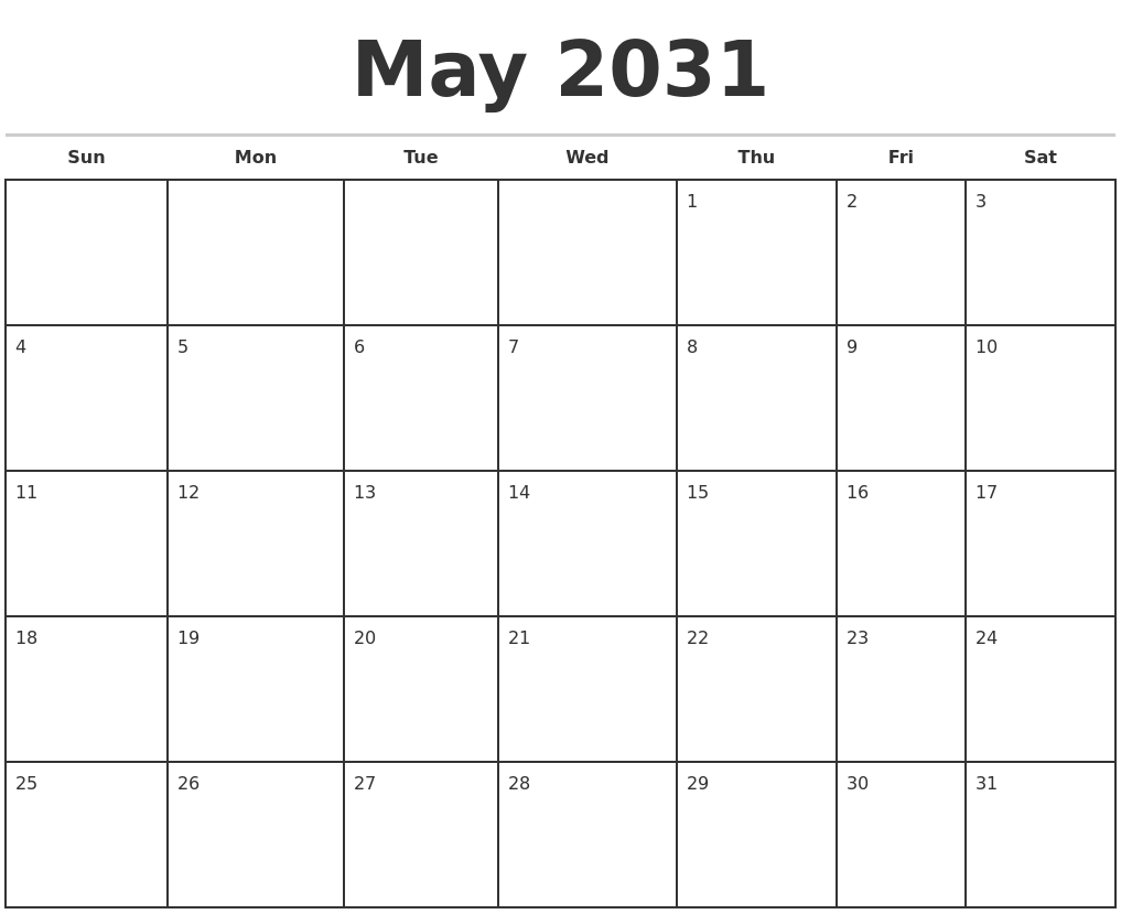 May 2031 Monthly Calendar Template