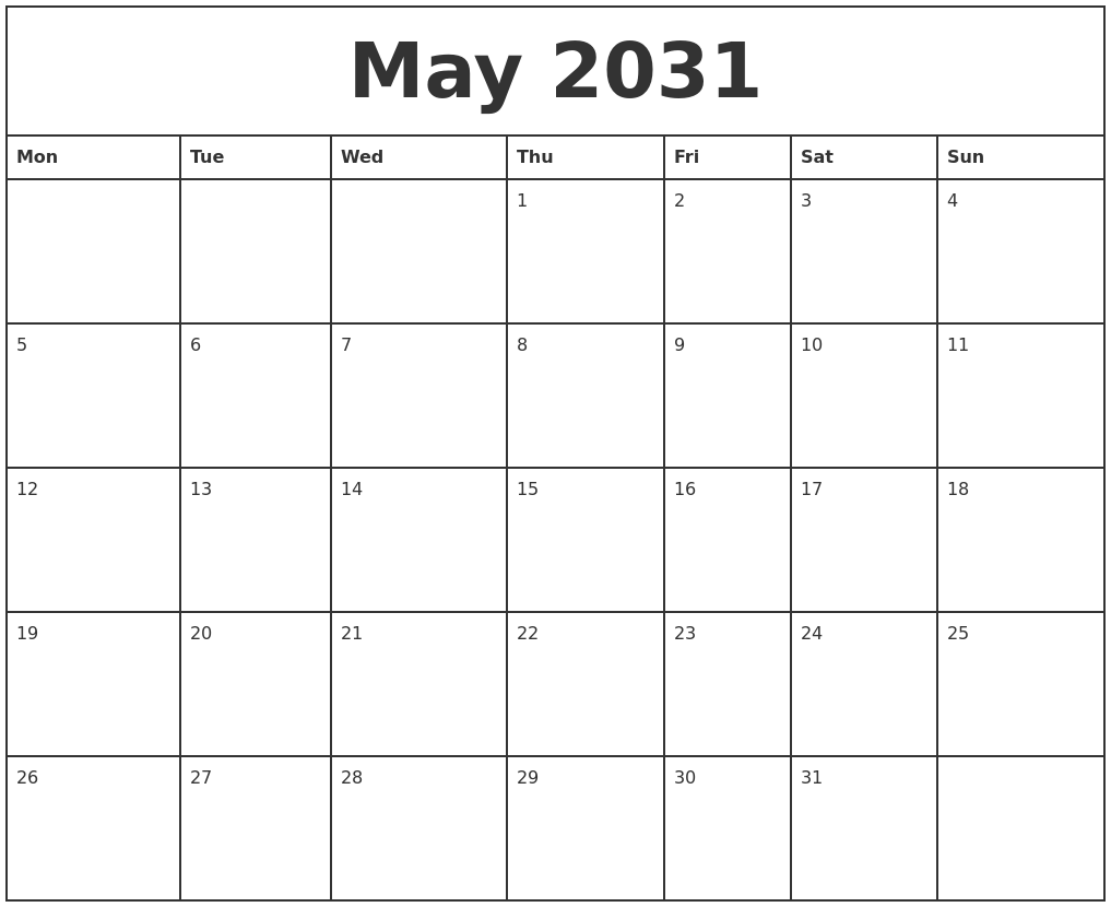 May 2031 Printable Monthly Calendar