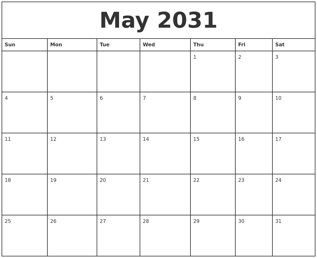 May 2031 Printable Monthly Calendar