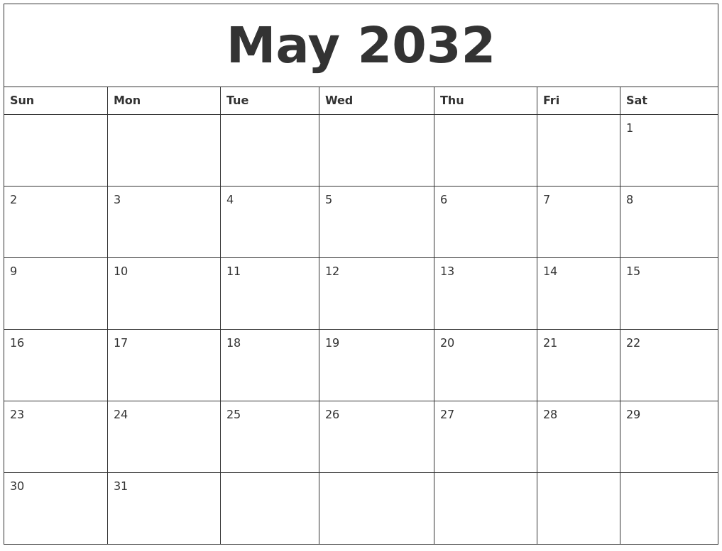 May 2032 Free Monthly Calendar Template