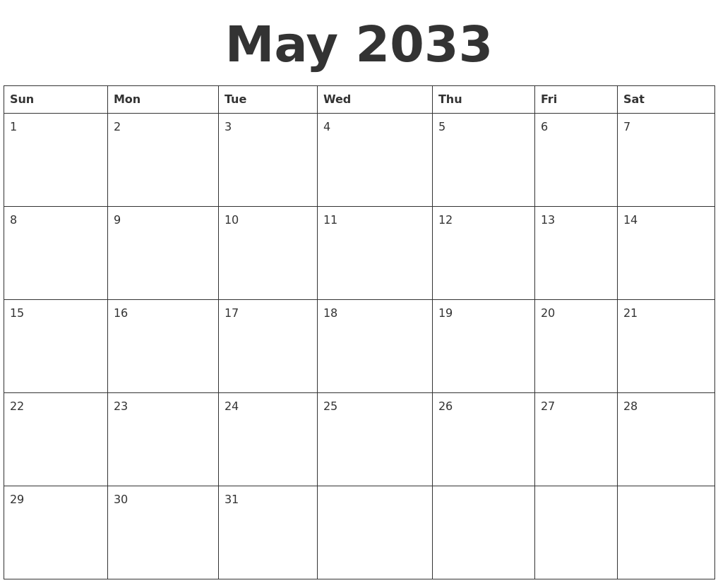 May 2033 Blank Calendar Template