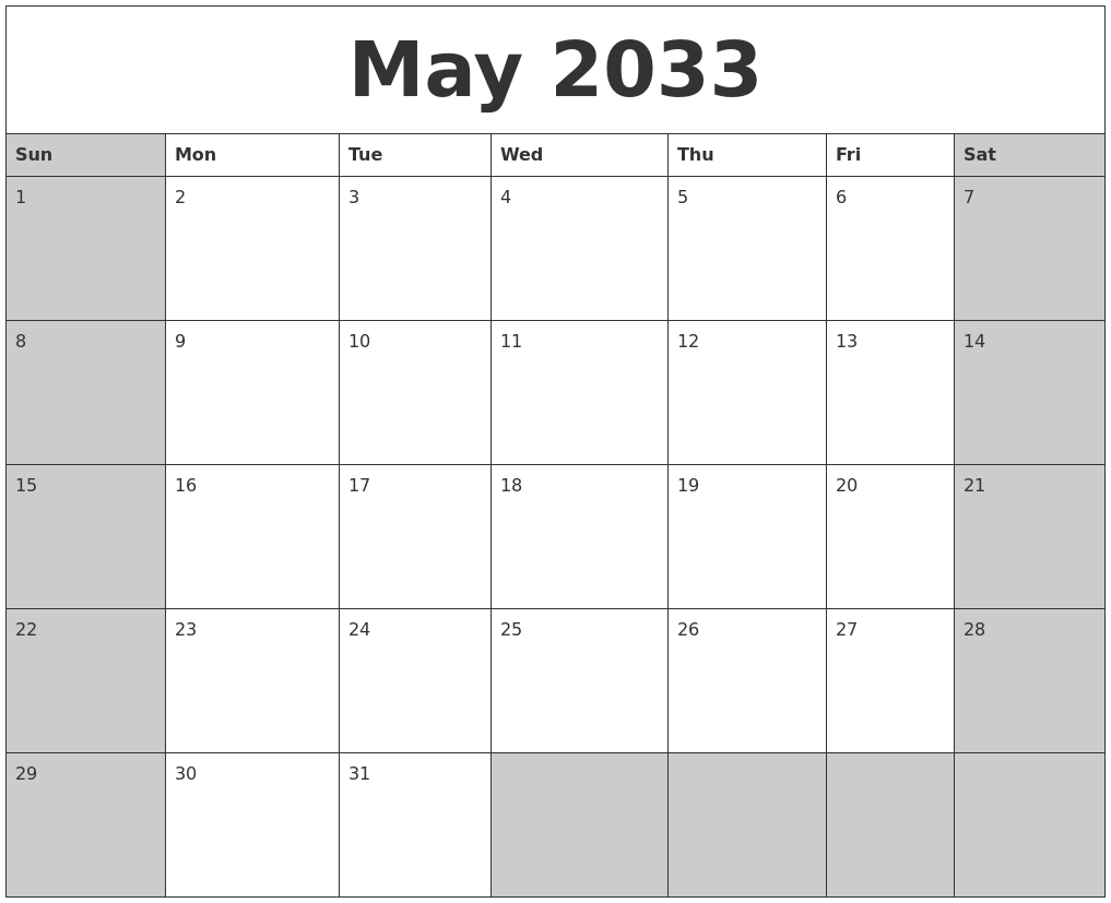 May 2033 Calanders