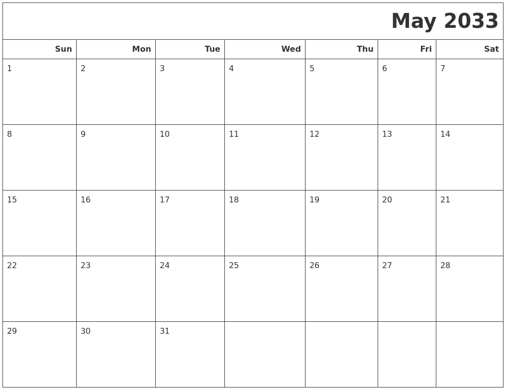 May 2033 Calendars To Print