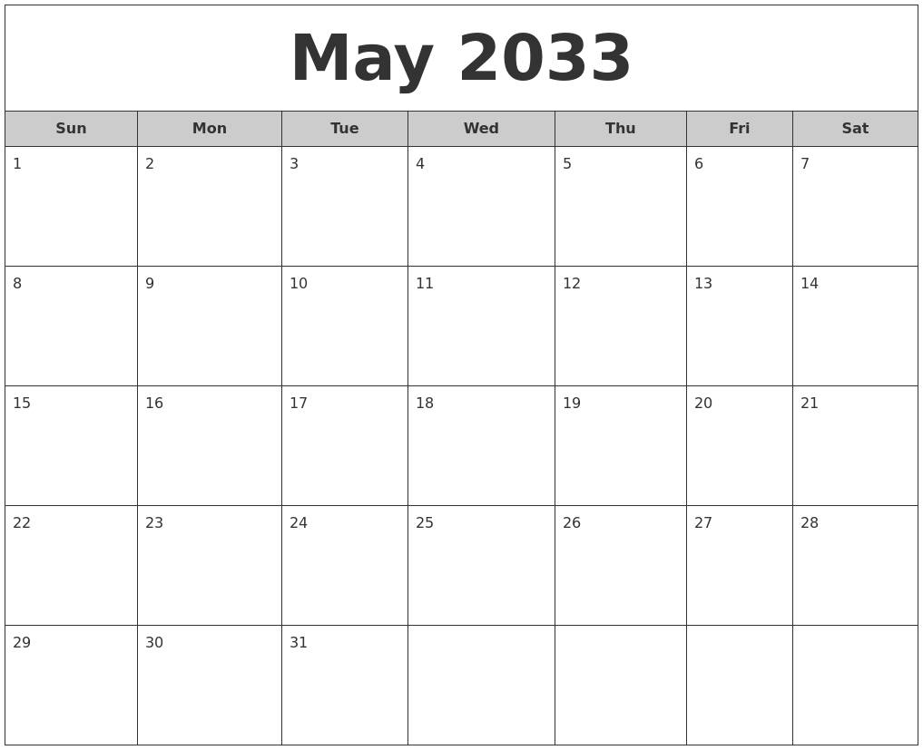 May 2033 Free Monthly Calendar