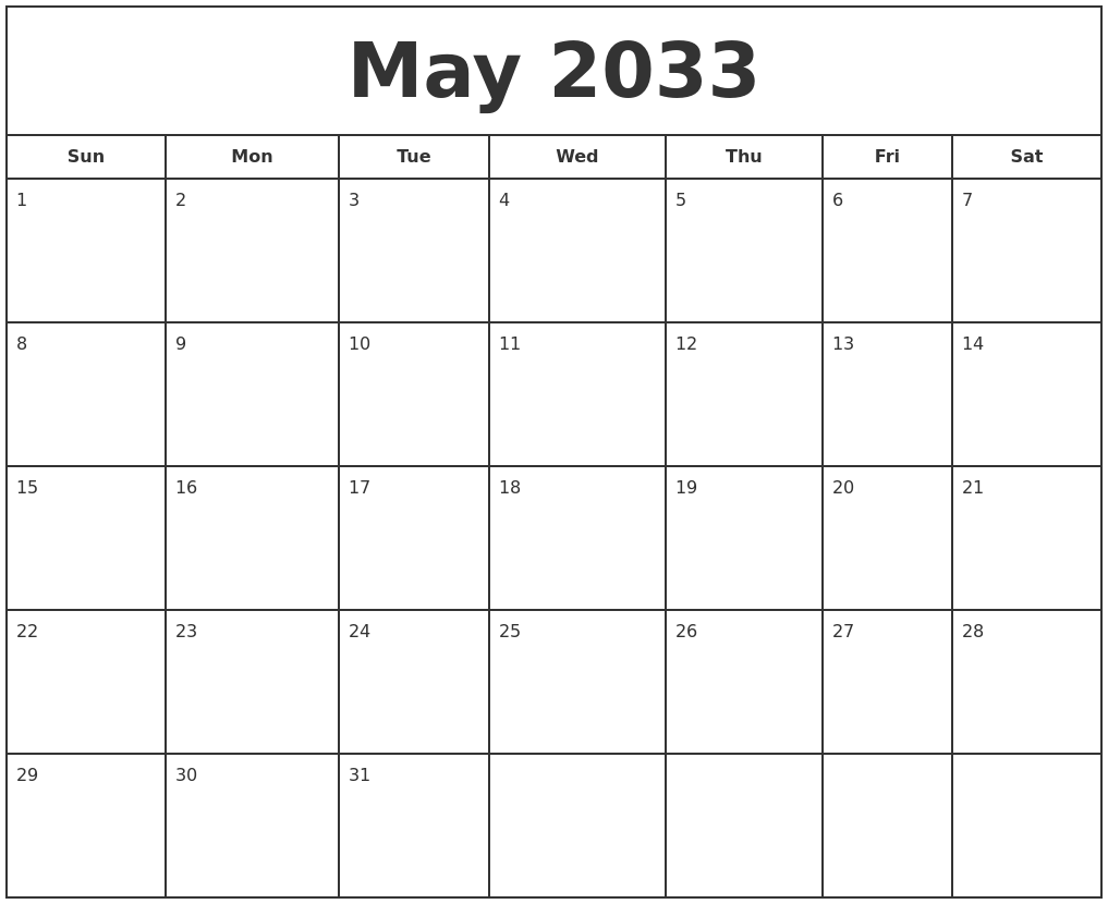 May 2033 Print Free Calendar