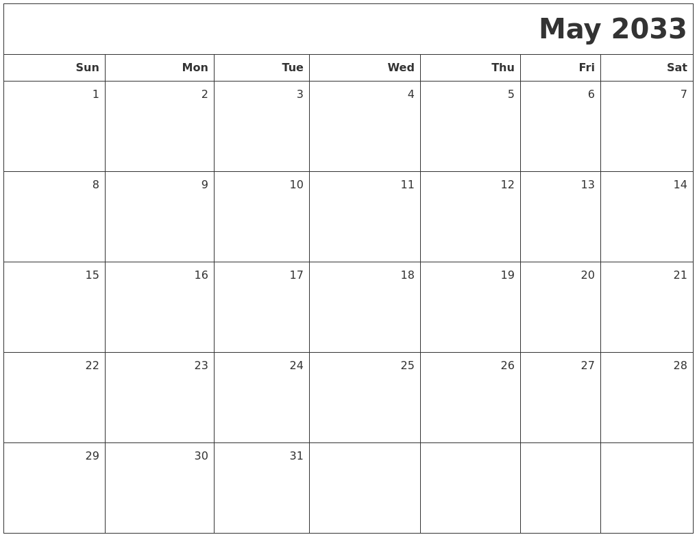 May 2033 Printable Blank Calendar
