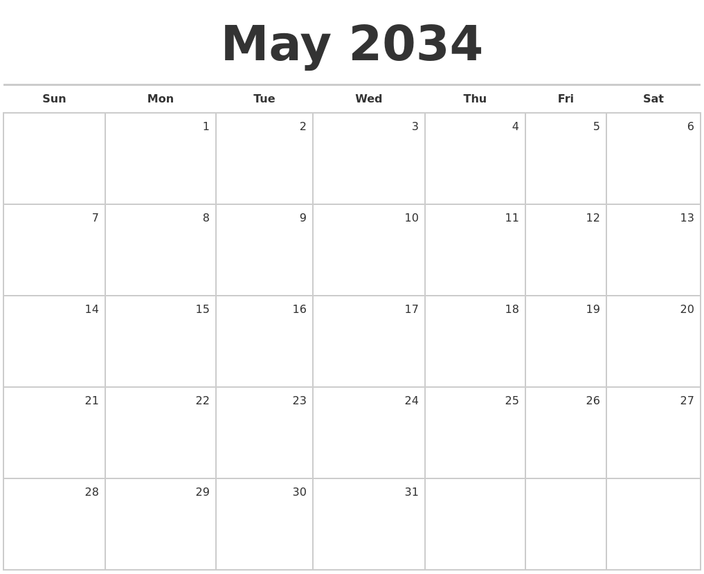 May 2034 Blank Monthly Calendar