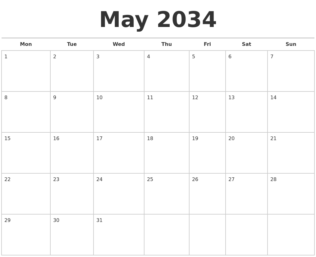 May 2034 Calendars Free