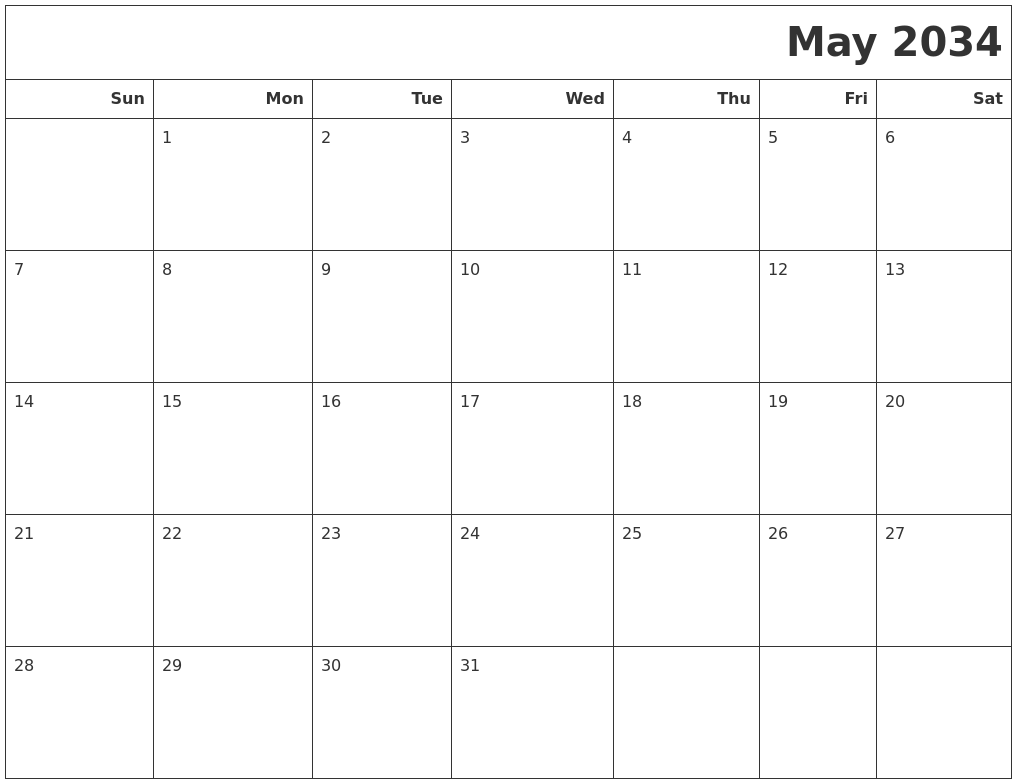 May 2034 Calendars To Print