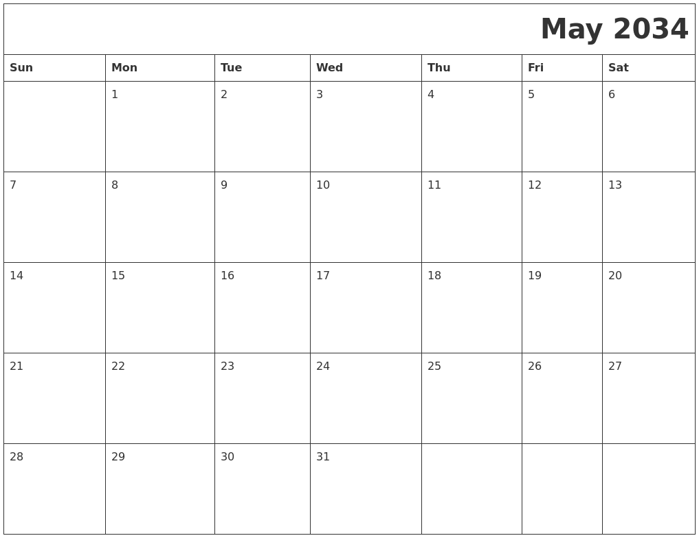 May 2034 Download Calendar
