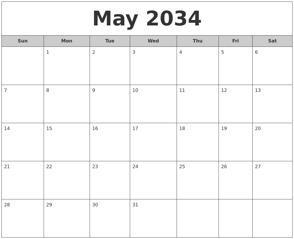 May 2034 Free Monthly Calendar