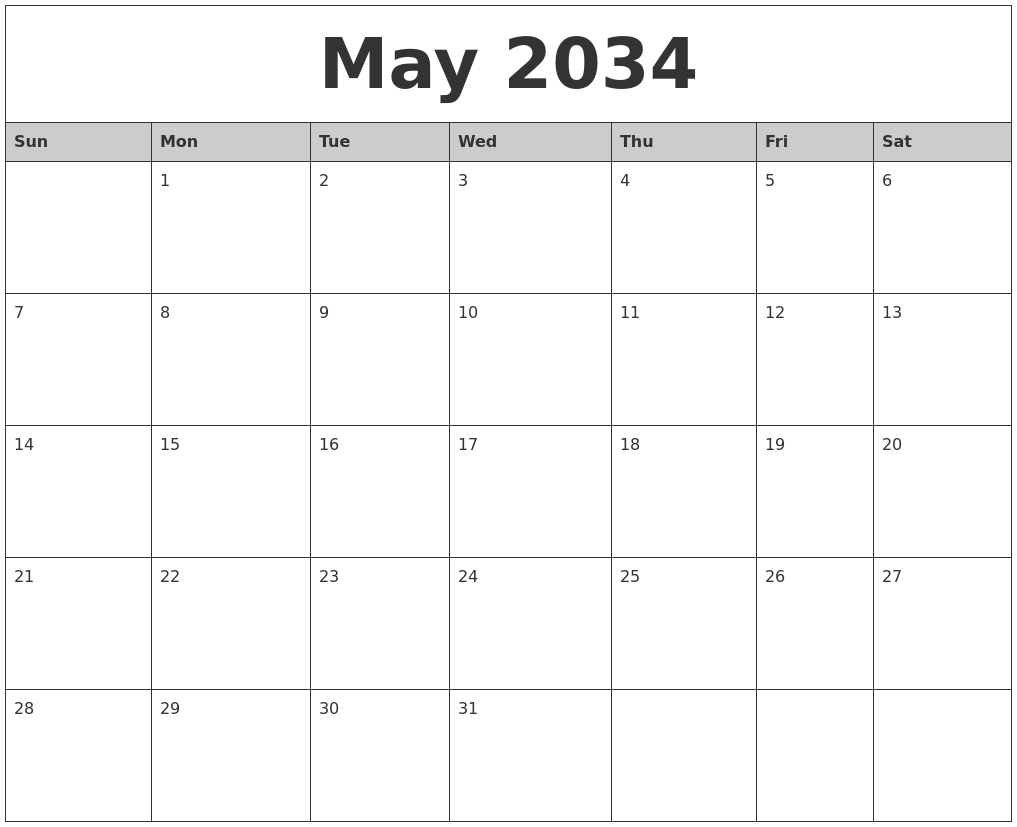 May 2034 Monthly Calendar Printable