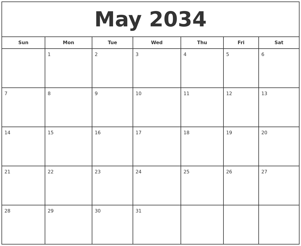 May 2034 Print Free Calendar