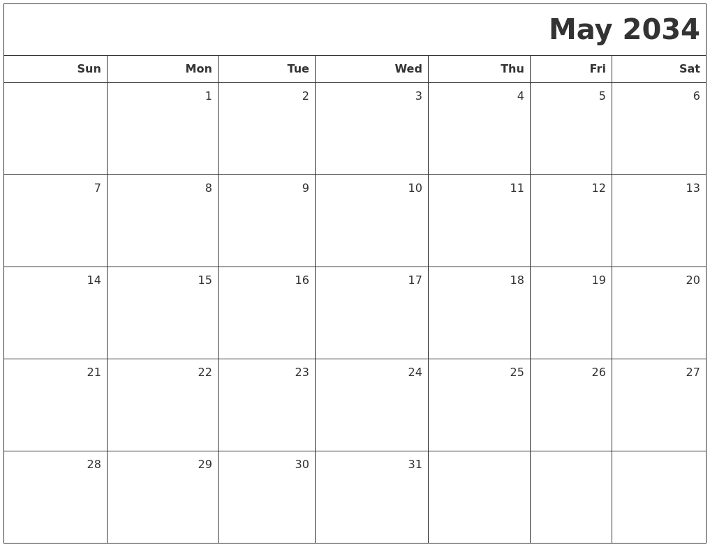 May 2034 Printable Blank Calendar