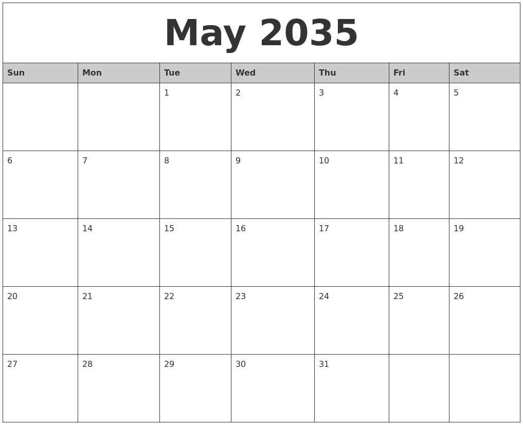 May 2035 Monthly Calendar Printable