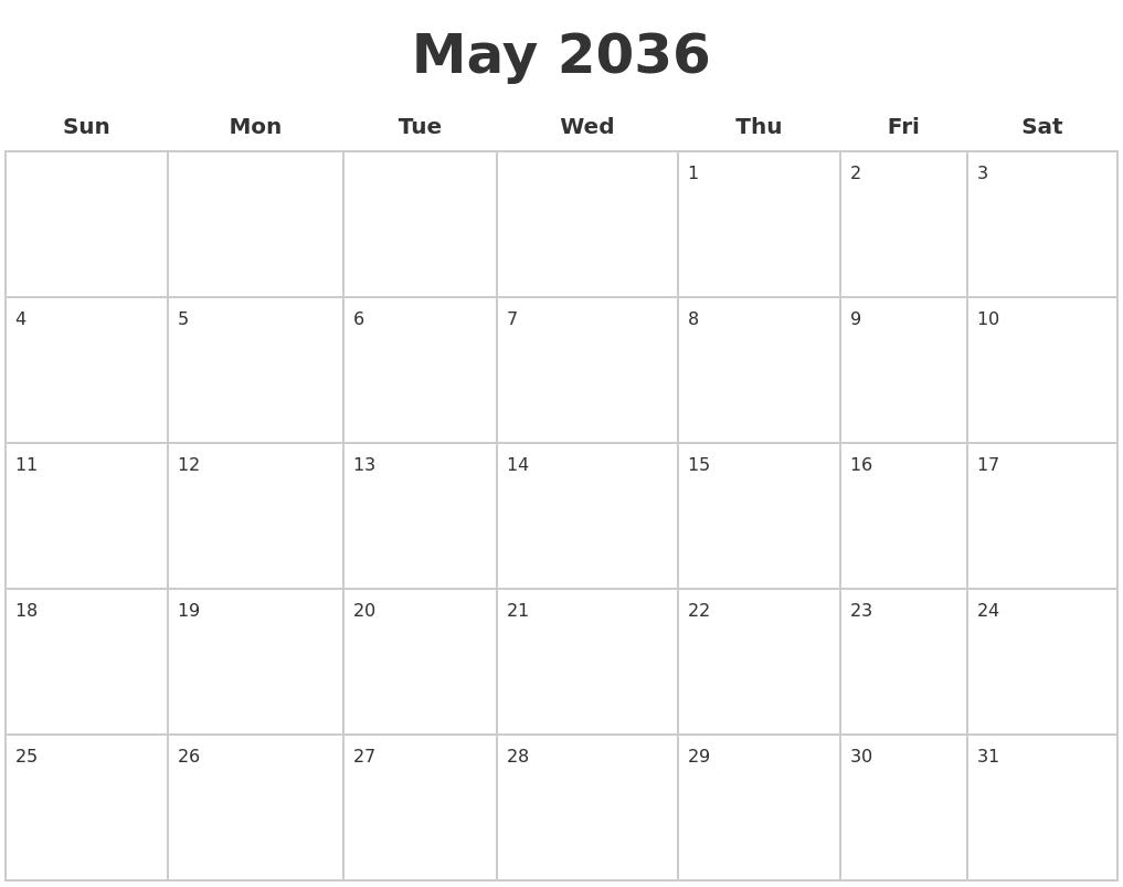May 2036 Blank Calendar Pages