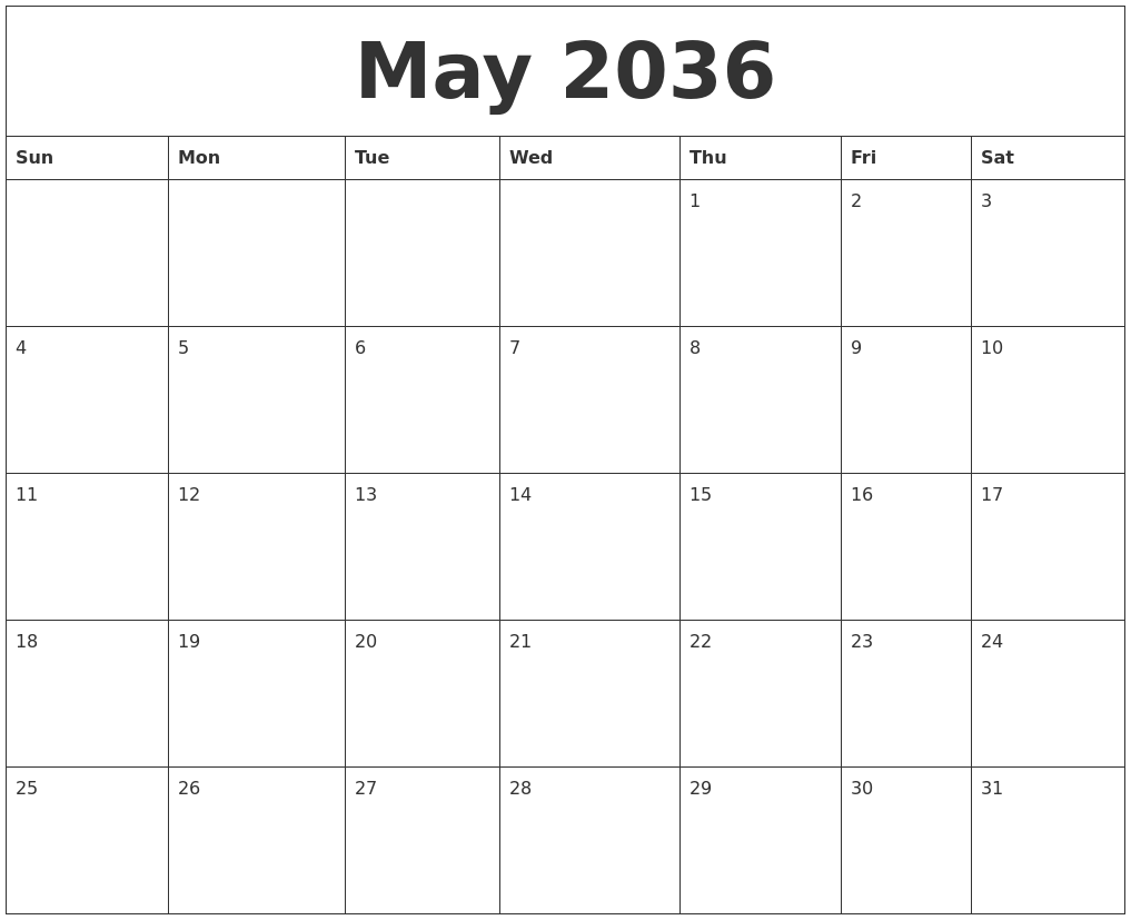 May 2036 Blank Calendar Printable