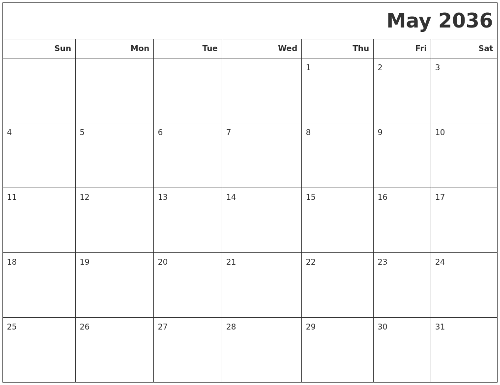 May 2036 Calendars To Print