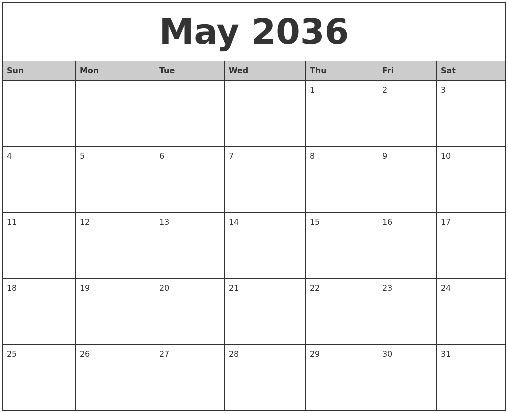 May 2036 Monthly Calendar Printable