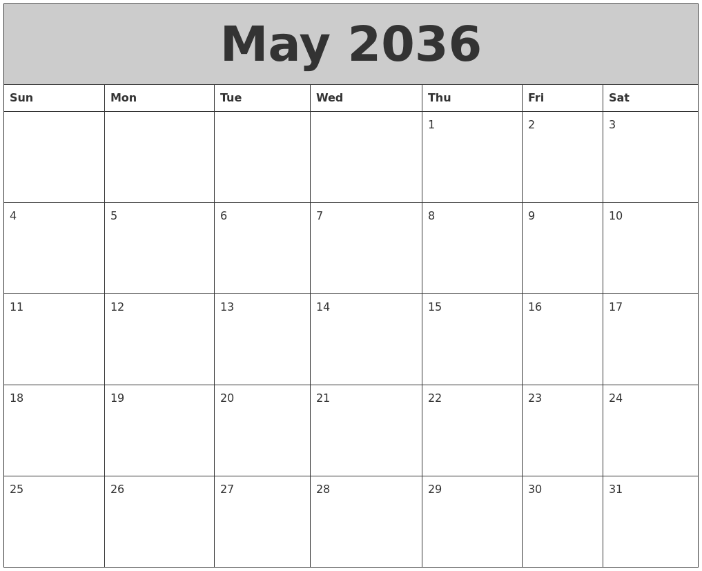 May 2036 My Calendar