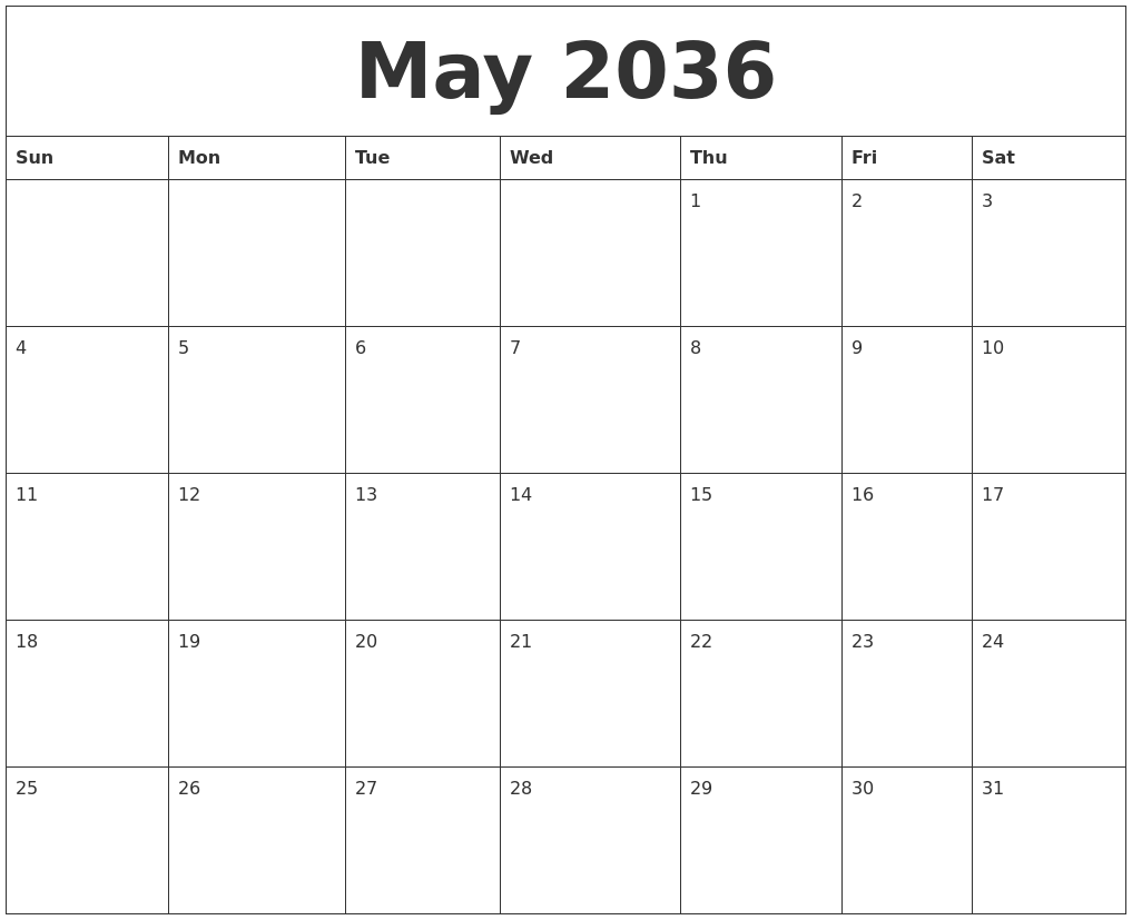 May 2036 Print Monthly Calendar