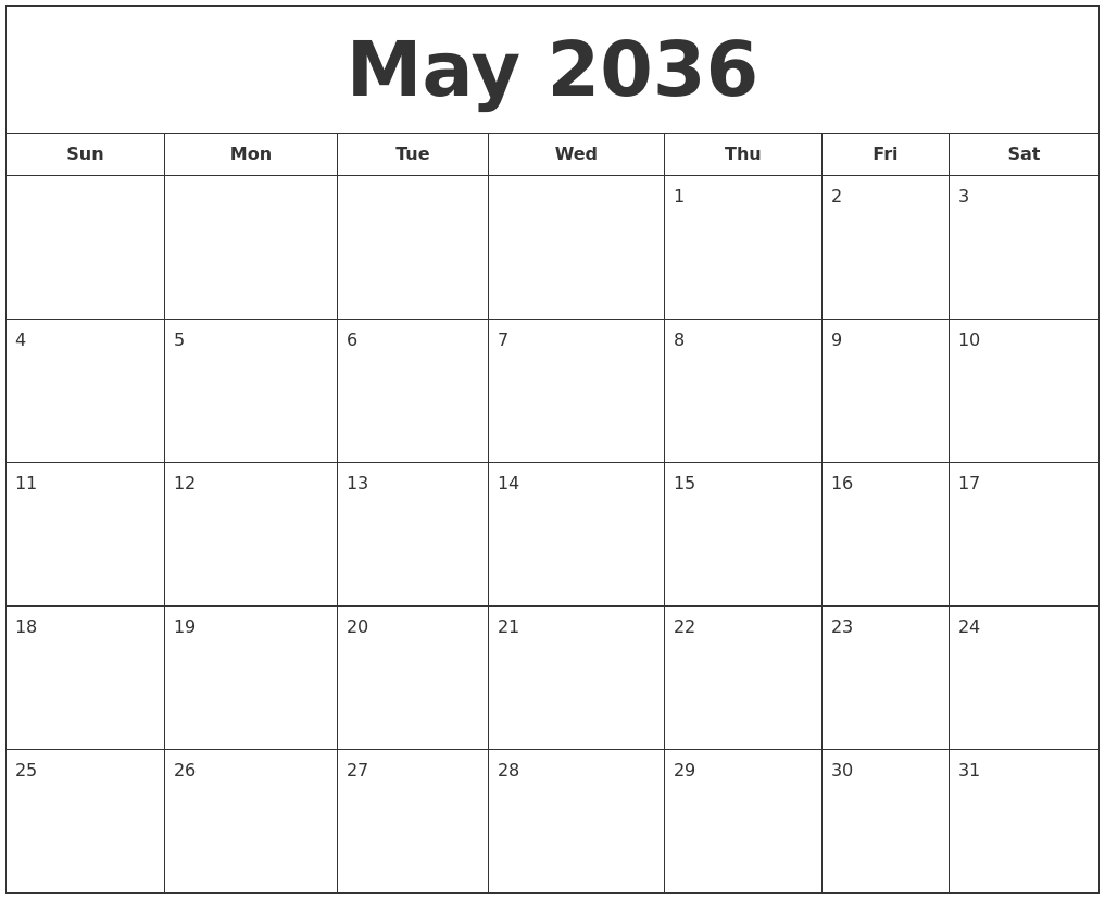 May 2036 Printable Calendar